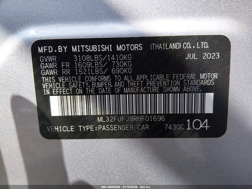 2024 Mitsubishi Mirage G4 Es VIN: ML32FUFJ9RHF01696 Lot: 45605256