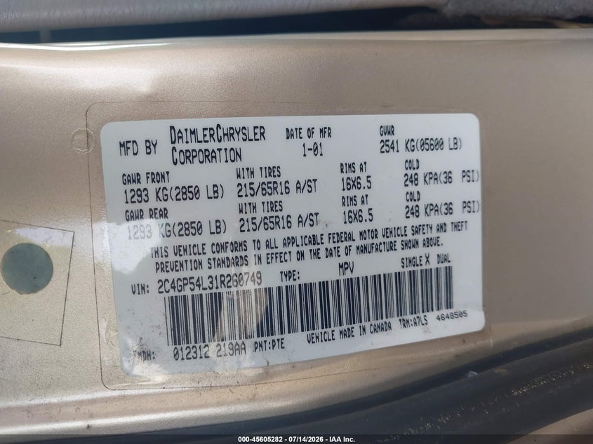 2001 Chrysler Town & Country Lxi VIN: 2C4GP54L31R260749 Lot: 45605282
