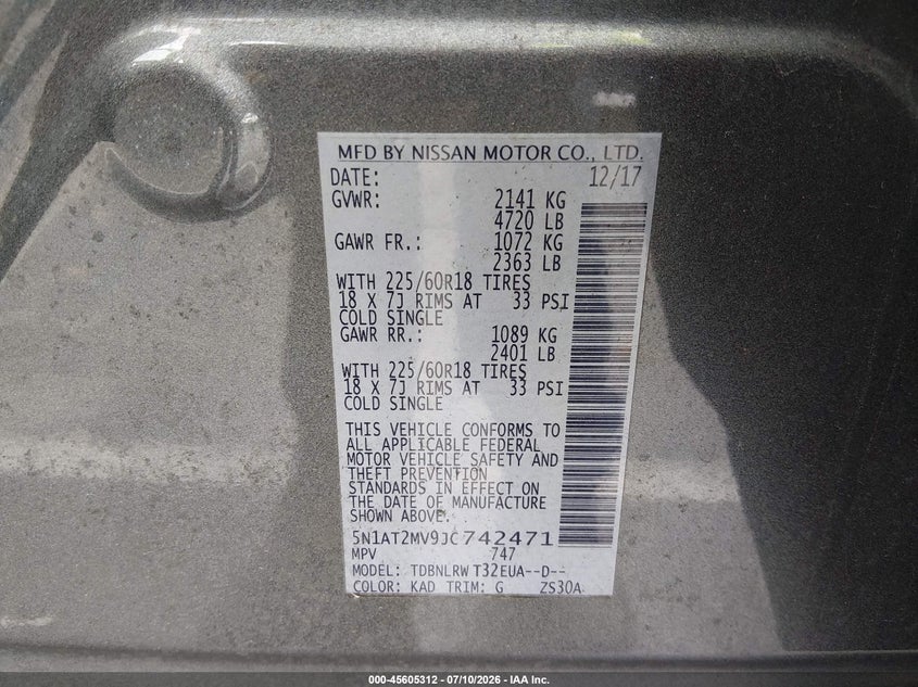 NISSAN ROGUE 2018 VIN 5N1AT2MV9JC742471