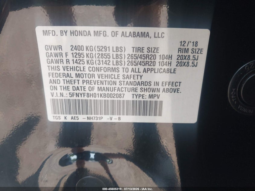 2019 Honda Passport Elite VIN: 5FNYF8H01KB002087 Lot: 45605319