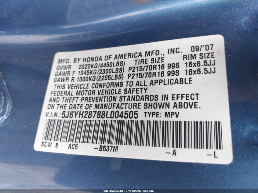 2008 Honda Element Ex VIN: 5J6YH28788L004505 Lot: 45605348
