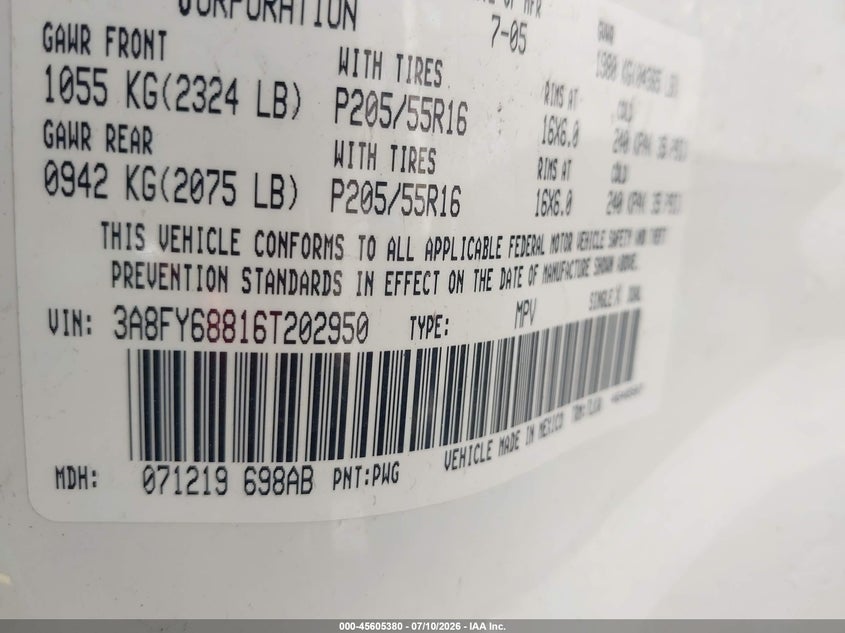 2006 Chrysler Pt Cruiser Limited VIN: 3A8FY68816T202950 Lot: 45605380