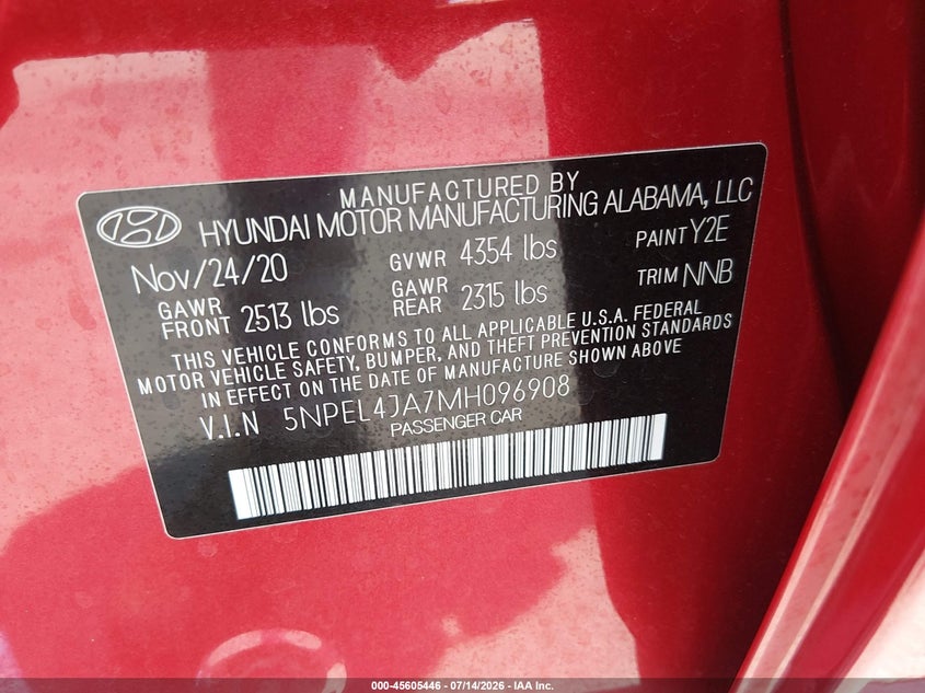 2021 Hyundai Sonata Sel VIN: 5NPEL4JA7MH096908 Lot: 45605446