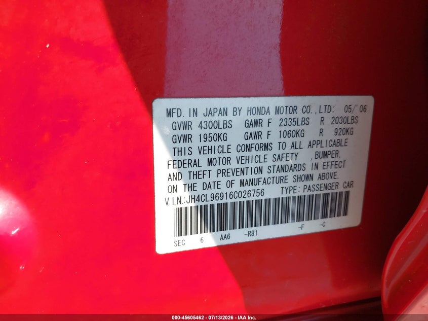 2006 Acura Tsx VIN: JH4CL96916C026756 Lot: 45605462