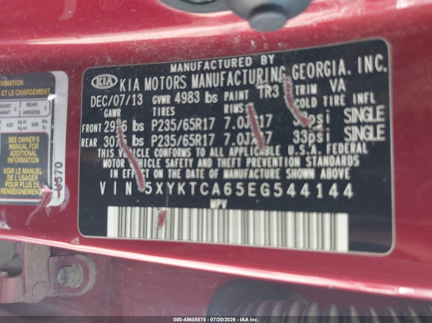 2014 Kia Sorento Lx VIN: 5XYKTCA65EG544144 Lot: 45605578