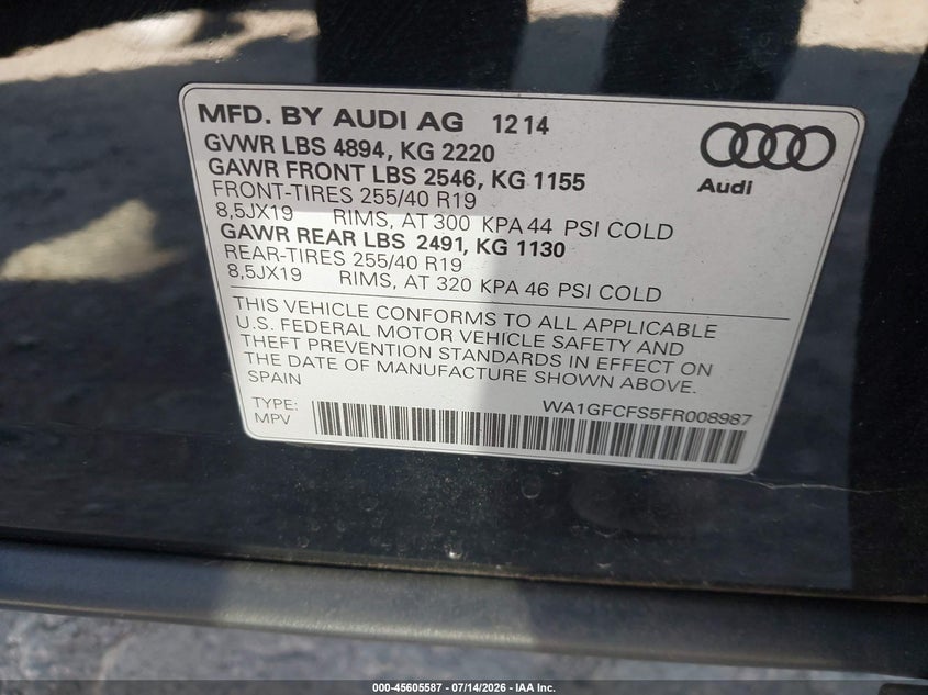 2015 AUDI Q3 SPORT UTILITY VEHICLE 2.0L I-4 DI, DOHC, VVT, TURBO, 200HP