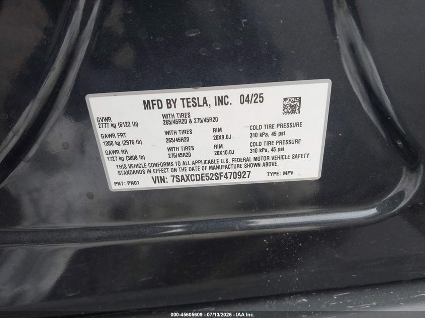 2025 Tesla Model X Long Range VIN: 7SAXCDE52SF470927 Lot: 45605609