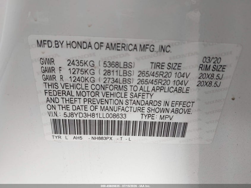 2020 Acura Mdx Advance Package VIN: 5J8YD3H81LL008633 Lot: 45605635