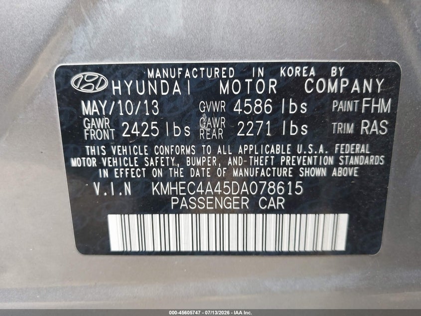 2013 Hyundai Sonata Hybrid VIN: KMHEC4A45DA078615 Lot: 45605747