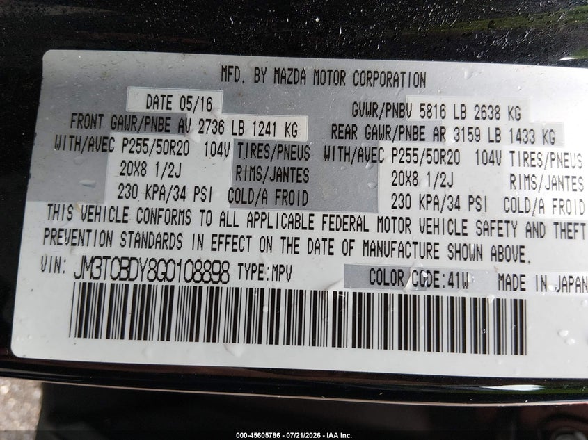 2016 Mazda Cx-9 Grand Touring VIN: JM3TCBDY8G0108898 Lot: 45605786