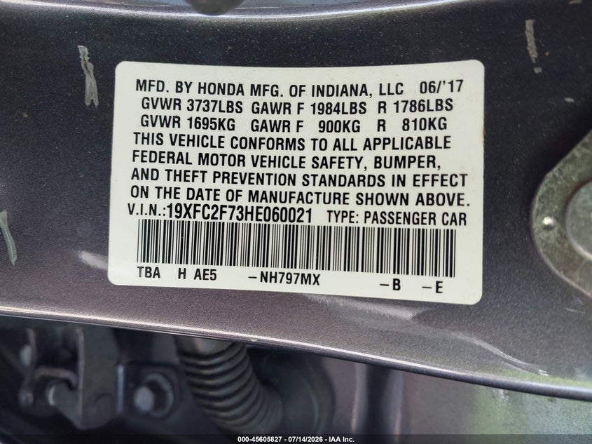 2017 Honda Civic Ex VIN: 19XFC2F73HE060021 Lot: 45605827