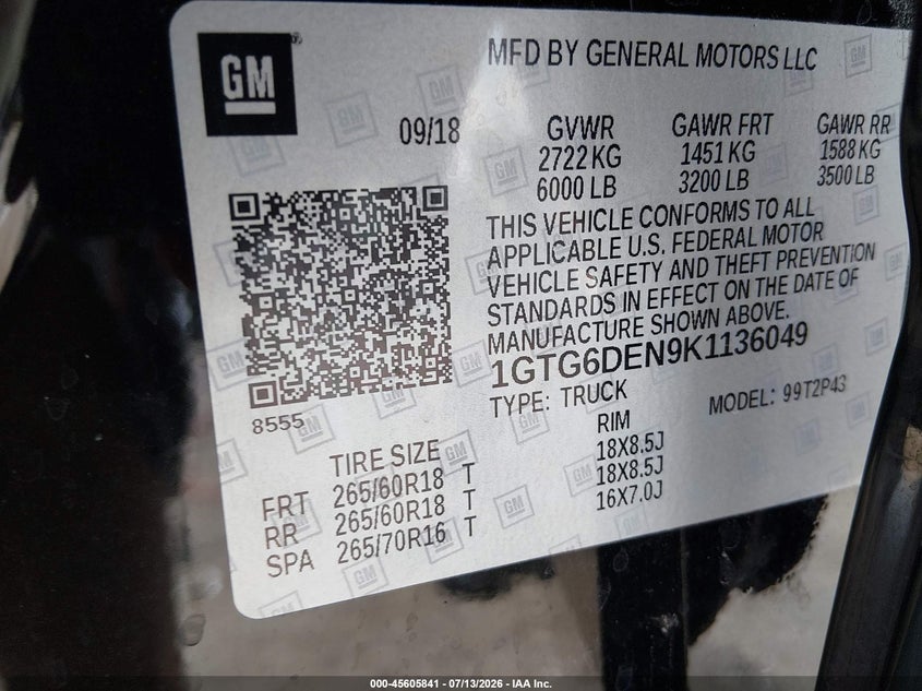2019 GMC Canyon Slt VIN: 1GTG6DEN9K1136049 Lot: 45605841