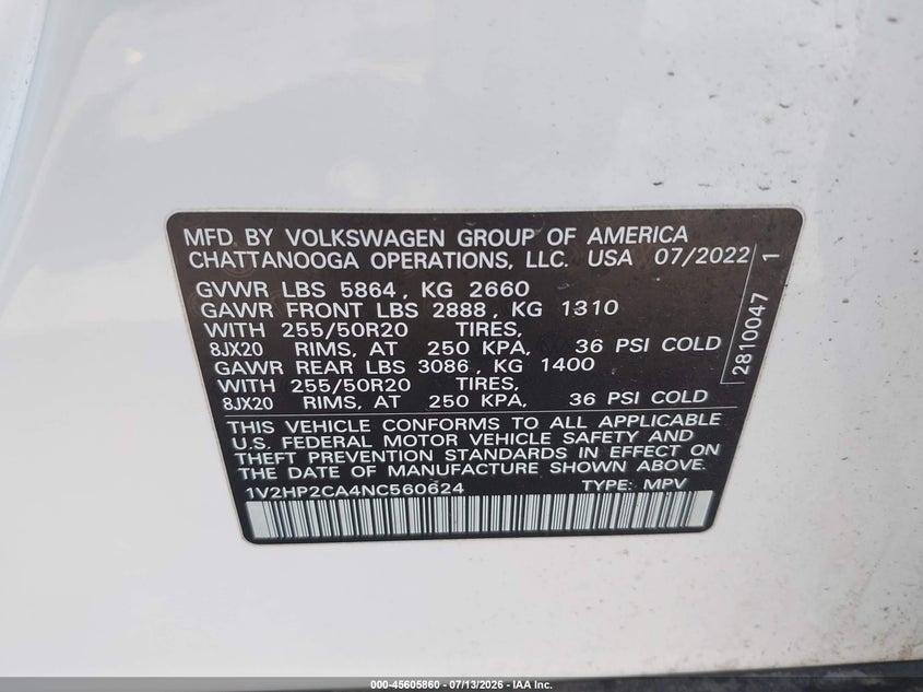 2022 Volkswagen Atlas 2.0T Se W/Technology VIN: 1V2HP2CA4NC560624 Lot: 45605860