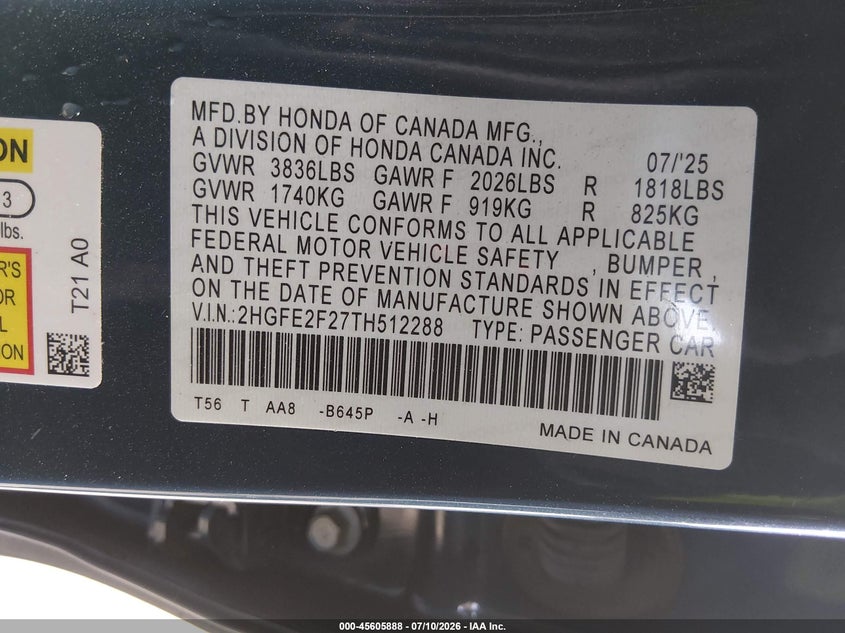 2026 HONDA CIVIC SEDAN 2.0L I-4 DI, DOHC, VVT, 150HP