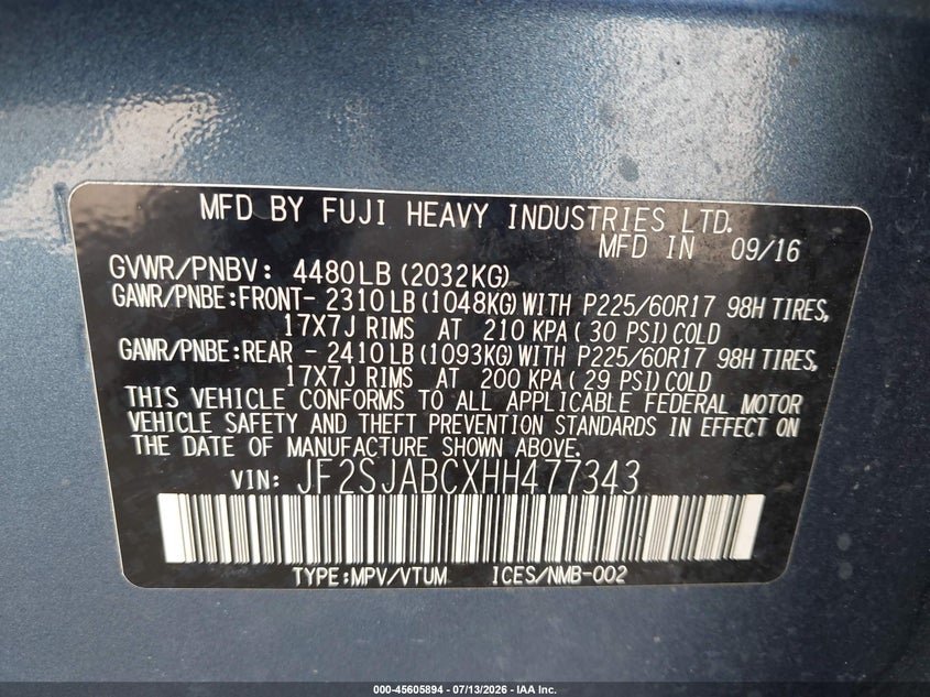 2017 Subaru Forester 2.5I VIN: JF2SJABCXHH477343 Lot: 45605894