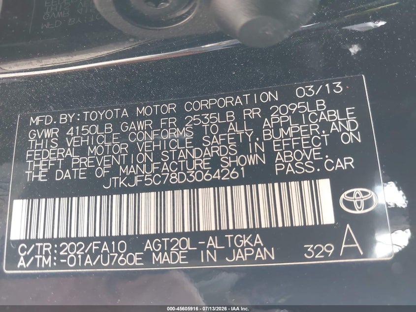 2013 Scion Tc VIN: JTKJF5C78D3064261 Lot: 45605916