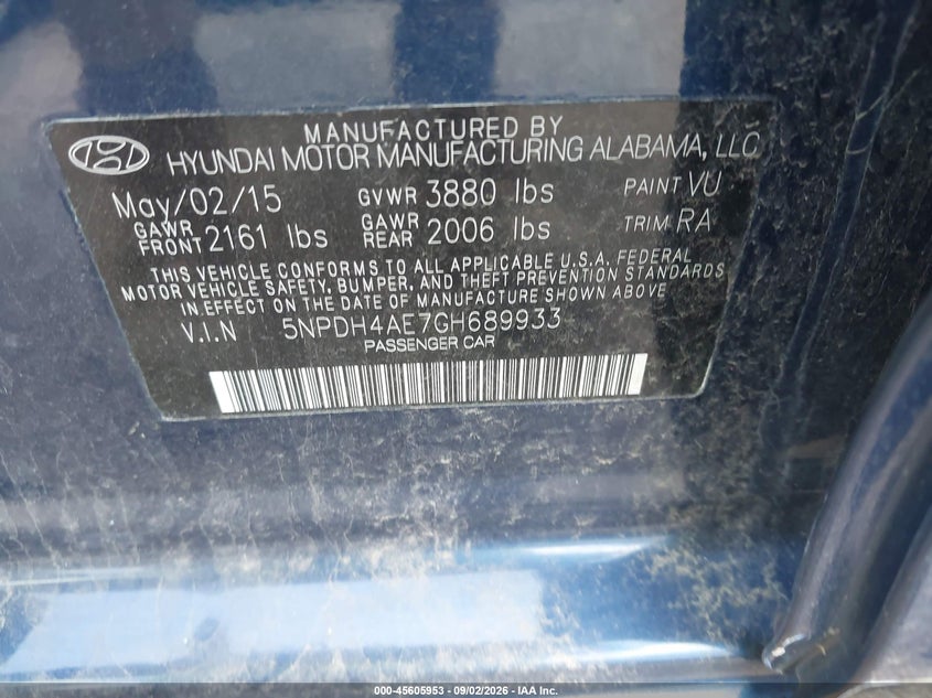 HYUNDAI ELANTRA 2016 VIN 5NPDH4AE7GH689933