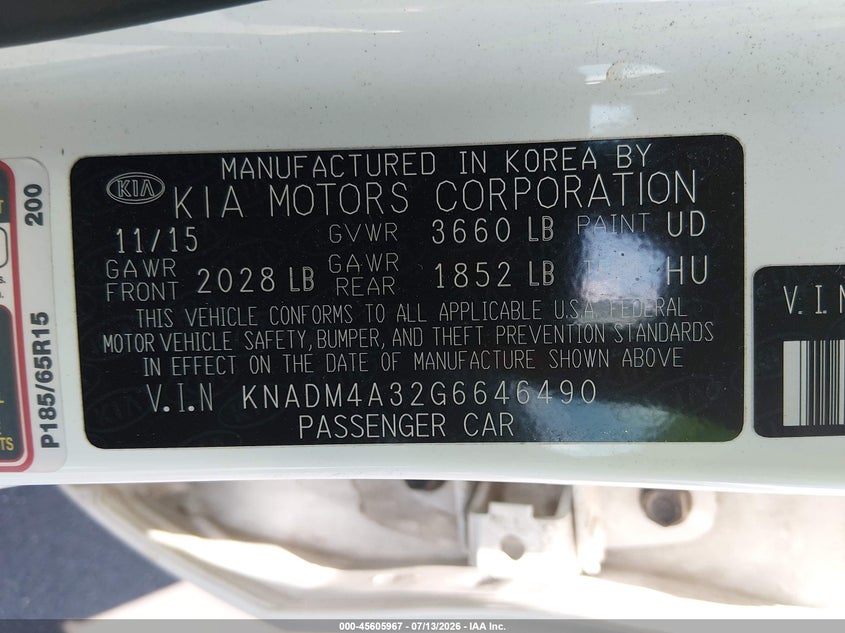 2016 Kia Rio Lx VIN: KNADM4A32G6646490 Lot: 45605967