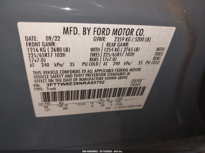 2022 Ford Maverick Lariat/Xl/Xlt VIN: 3FTTW8E38NRA95752 Lot: 45605982