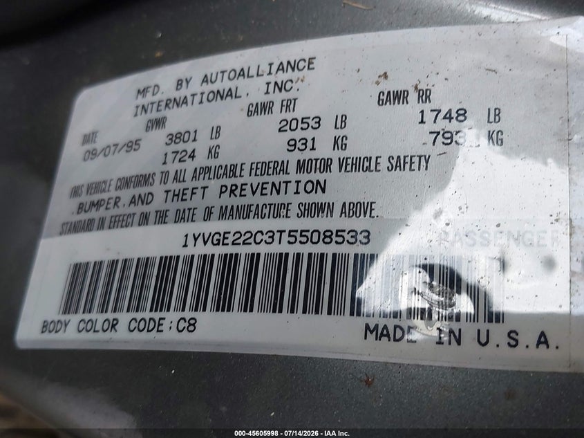 1996 Mazda 626 Dx/Lx VIN: 1YVGE22C3T5508533 Lot: 45605998