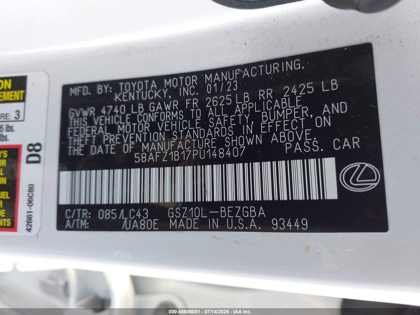 2023 Lexus Es 350 Ultra Luxury VIN: 58AFZ1B17PU148407 Lot: 45606081