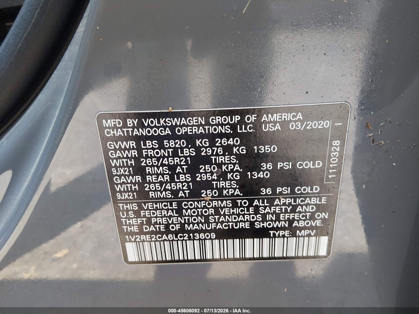 2020 Volkswagen Atlas Cross Sport 3.6L V6 Sel R-Line VIN: 1V2RE2CA6LC213609 Lot: 45606092