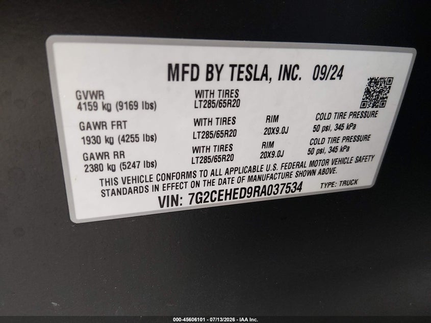 2024 Tesla Cybertruck All-Wheel Drive VIN: 7G2CEHED9RA037534 Lot: 45606101