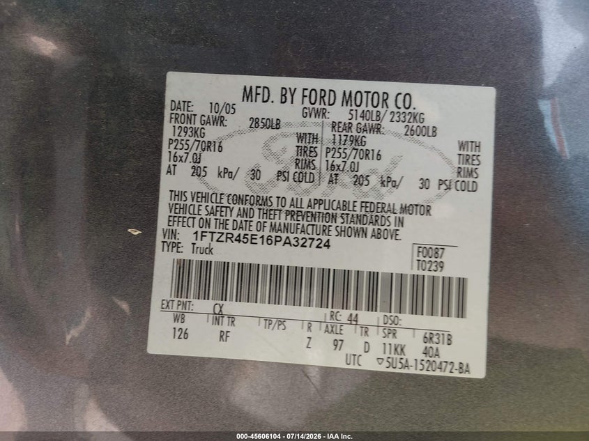 2006 Ford Ranger Fx4 Level Ii/Fx4 Off-Road/Sport/Xlt VIN: 1FTZR45E16PA32724 Lot: 45606104