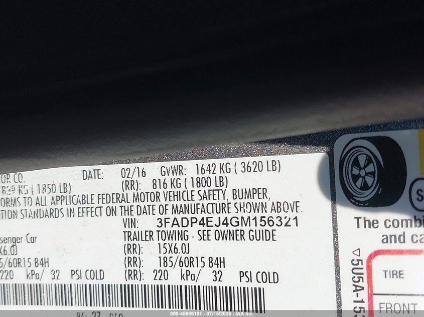 2016 Ford Fiesta Se VIN: 3FADP4EJ4GM156321 Lot: 45606107