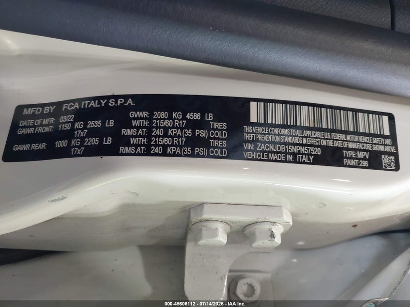 2022 Jeep Renegade Latitude 4X4 VIN: ZACNJDB15NPN57520 Lot: 45606112
