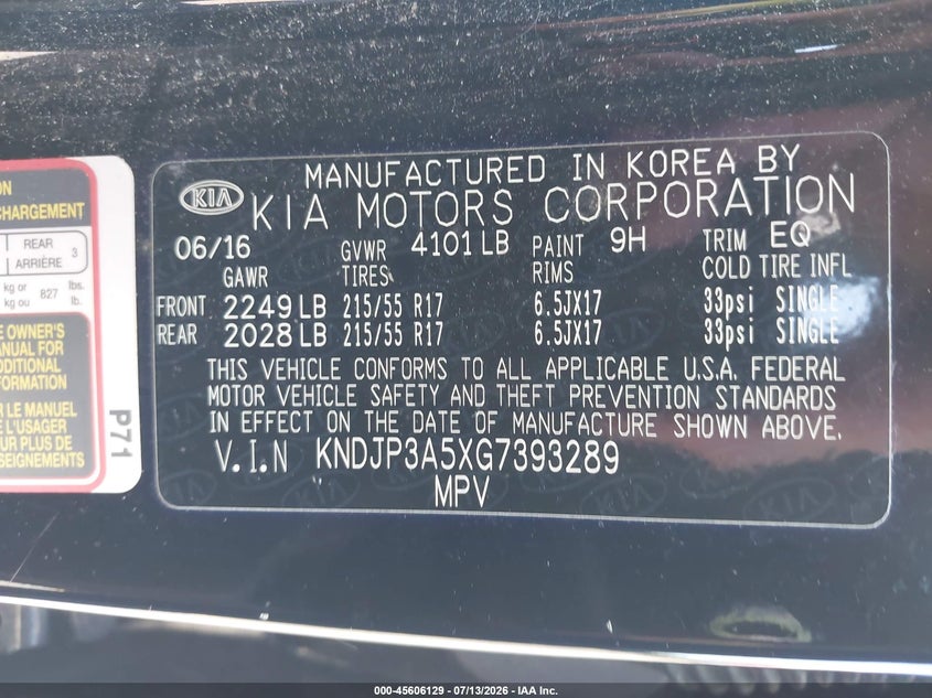 2016 Kia Soul + VIN: KNDJP3A5XG7393289 Lot: 45606129