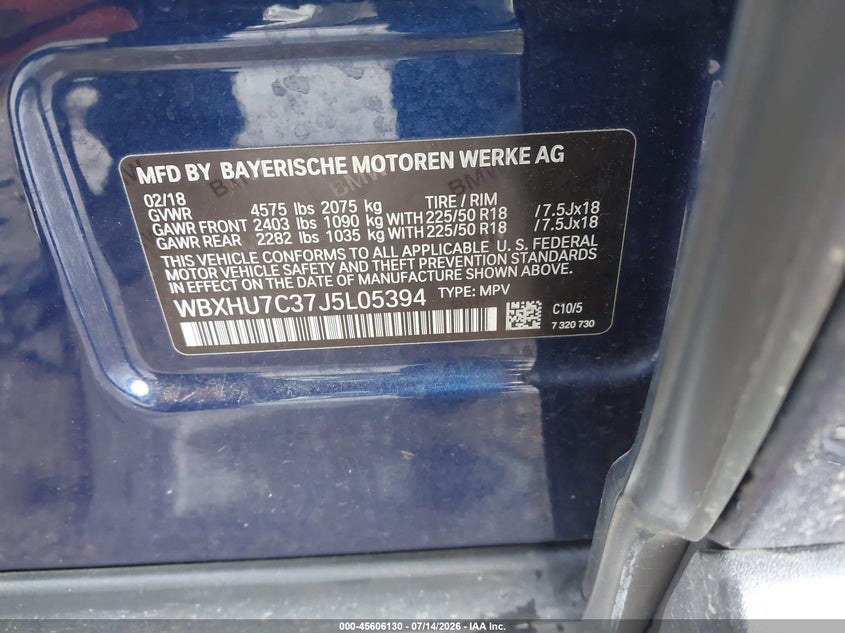 2018 BMW X1 Sdrive28I VIN: WBXHU7C37J5L05394 Lot: 45606130