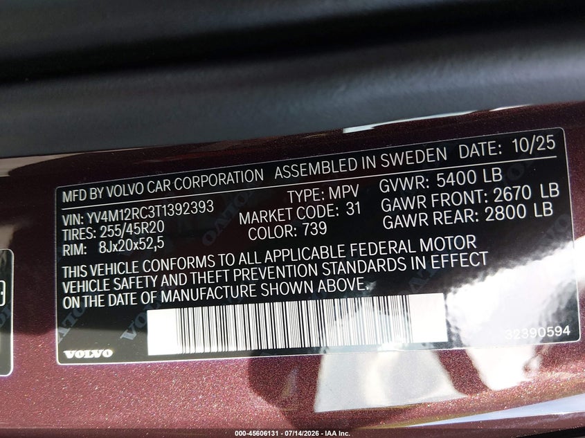 2026 Volvo Xc60 B5 Plus VIN: YV4M12RC3T1392393 Lot: 45606131