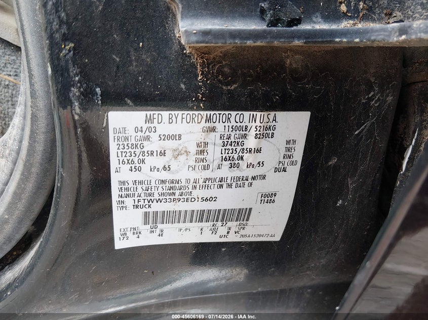 2003 Ford F-350 Lariat/Xl/Xlt VIN: 1FTWW33P93ED15602 Lot: 45606169