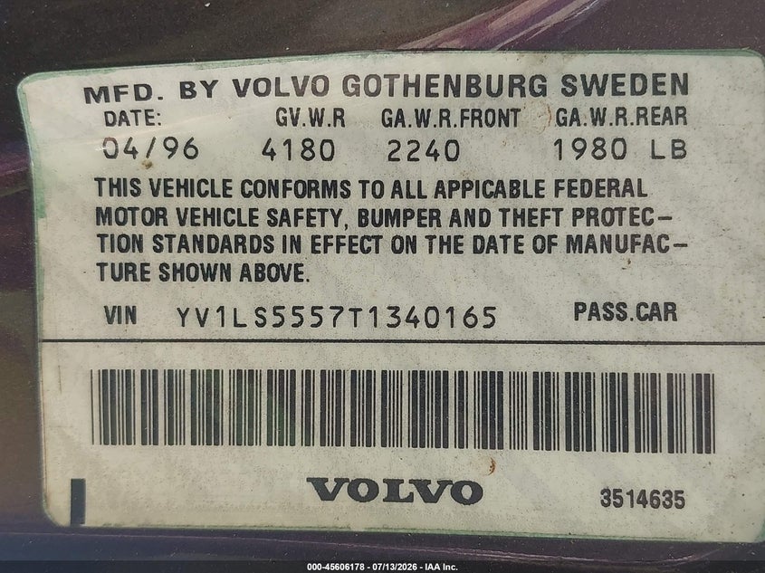 1996 Volvo 850 Glt VIN: YV1LS5557T1340165 Lot: 45606178