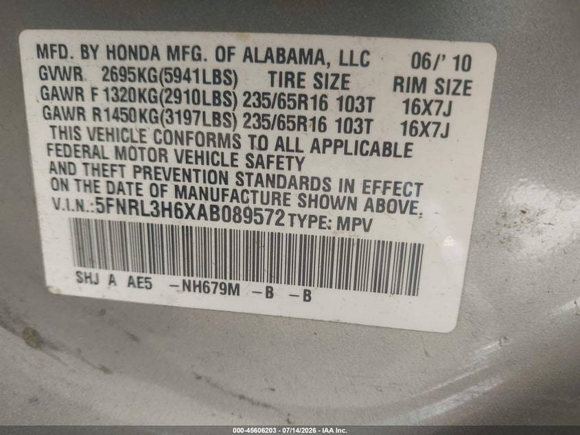 2010 Honda Odyssey Ex-L VIN: 5FNRL3H6XAB089572 Lot: 45606203