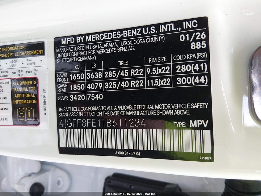 2026 Mercedes-Benz Gls 580 4Matic VIN: 4JGFF8FE1TB611234 Lot: 45606215