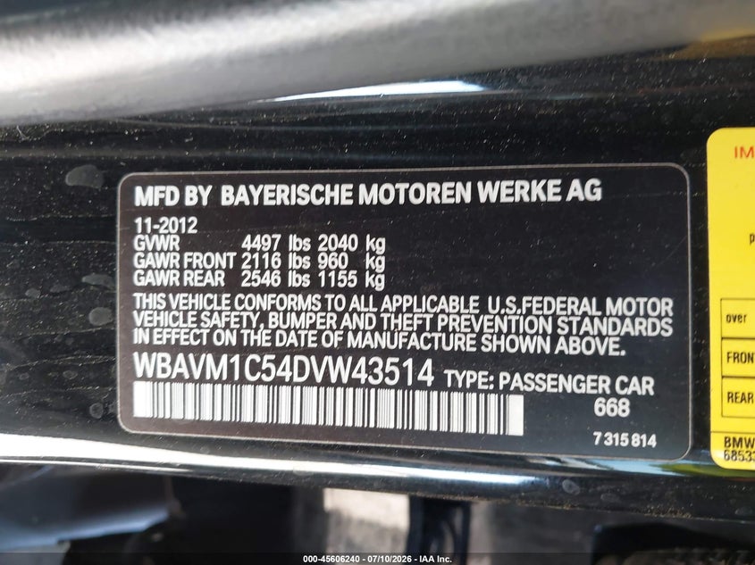 2013 BMW X1 Sdrive28I VIN: WBAVM1C54DVW43514 Lot: 45606240