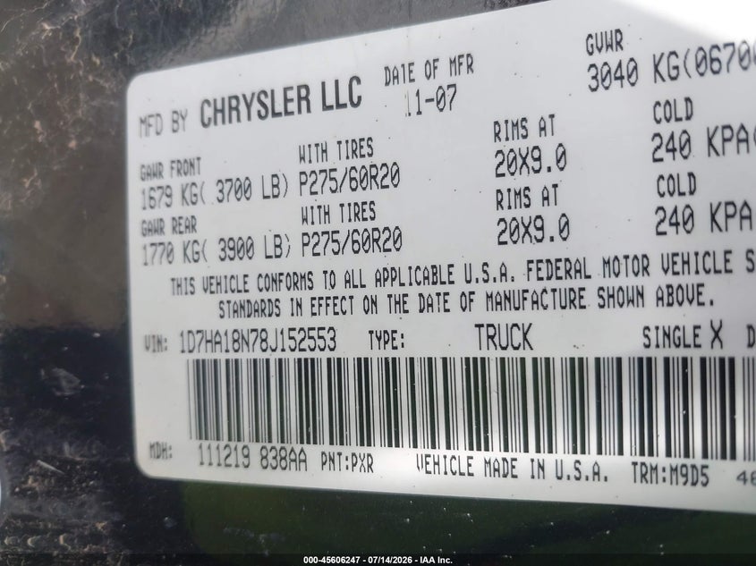 2008 Dodge Ram 1500 Slt VIN: 1D7HA18N78J152553 Lot: 45606247