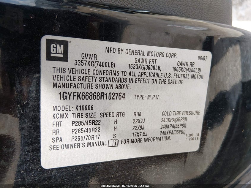2008 Cadillac Escalade Esv VIN: 1GYFK66868R102764 Lot: 45606250