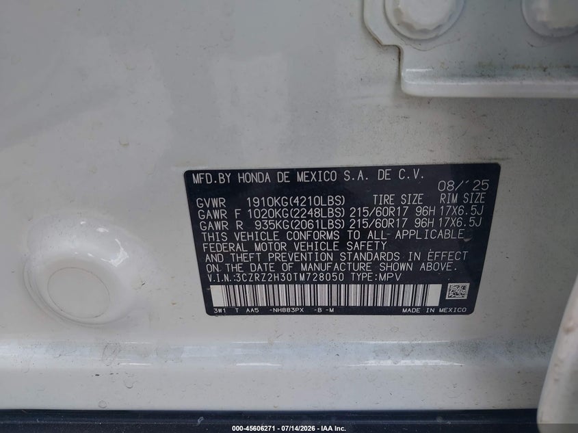 2026 Honda Hr-V Awd Lx VIN: 3CZRZ2H30TM728050 Lot: 45606271