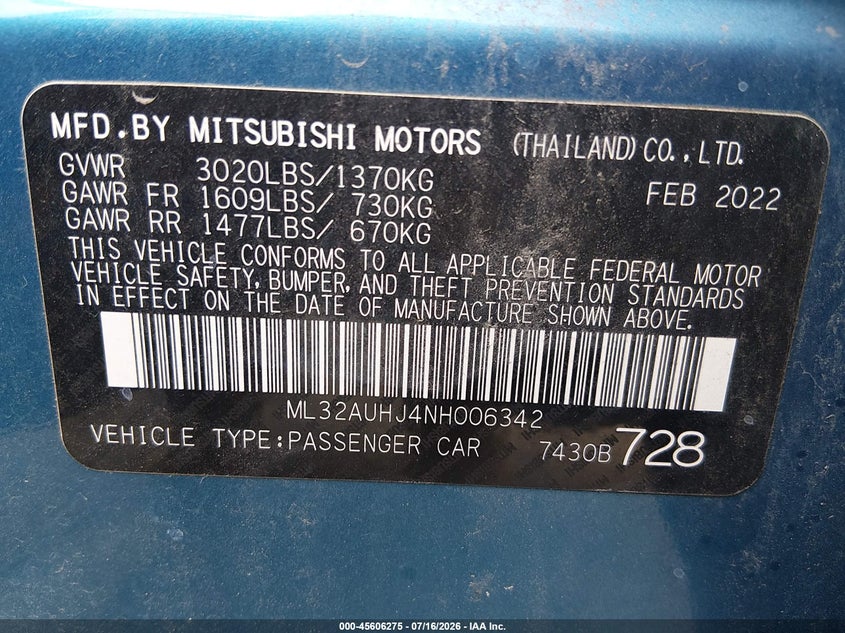 2022 Mitsubishi Mirage Es/Le VIN: ML32AUHJ4NH006342 Lot: 45606275