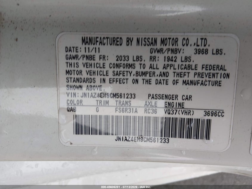 2012 Nissan 370Z Nismo VIN: JN1AZ4EH9CM561233 Lot: 45606281