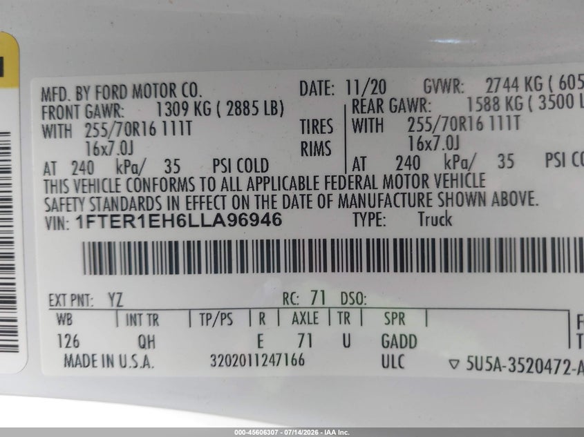 2020 Ford Ranger Xl VIN: 1FTER1EH6LLA96946 Lot: 45606307