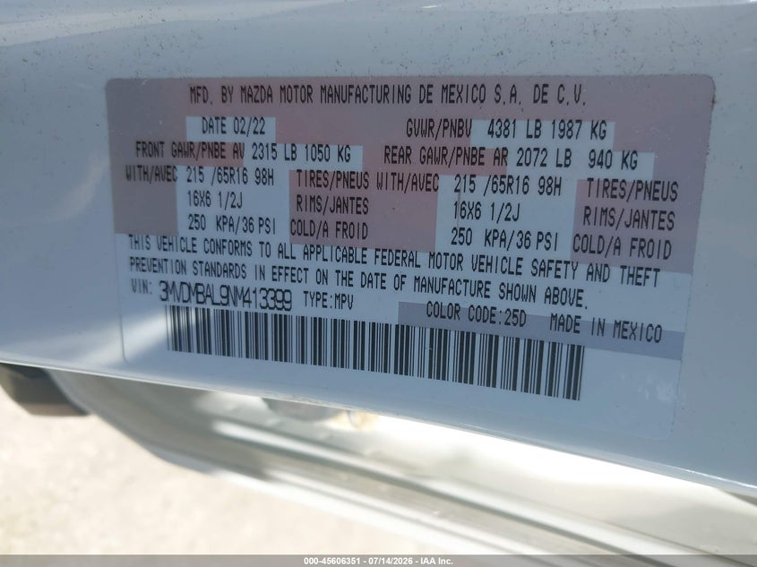 2022 Mazda Cx-30 2.5 S VIN: 3MVDMBAL9NM413399 Lot: 45606351