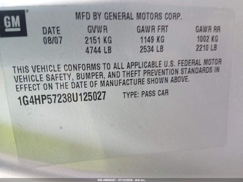 2008 Buick Lucerne Cx VIN: 1G4HP57238U125027 Lot: 45606357