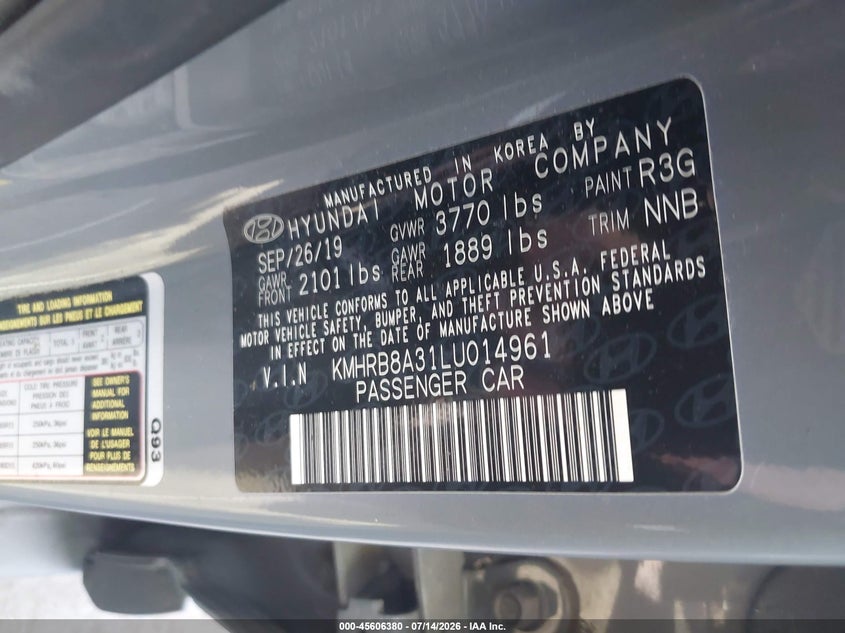 2020 Hyundai Venue Se VIN: KMHRB8A31LU014961 Lot: 45606380