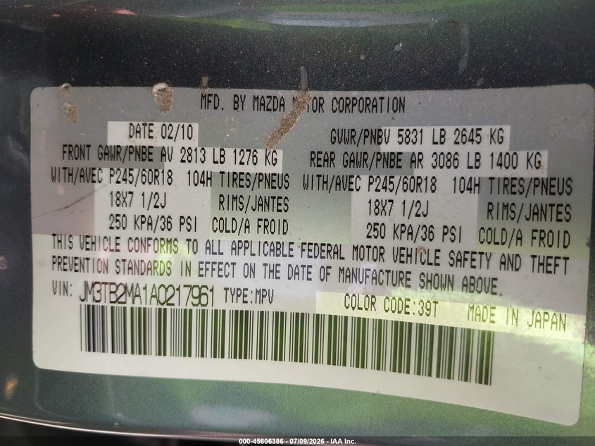 2010 Mazda Cx-9 Sport VIN: JM3TB2MA1A0217961 Lot: 45606386