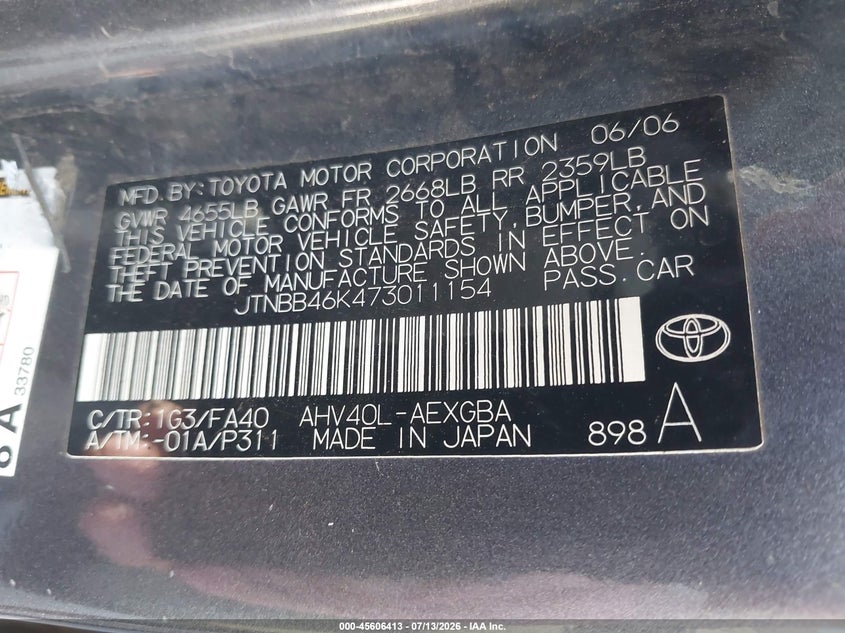 TOYOTA CAMRY HYBRID 2007 VIN JTNBB46K473011154