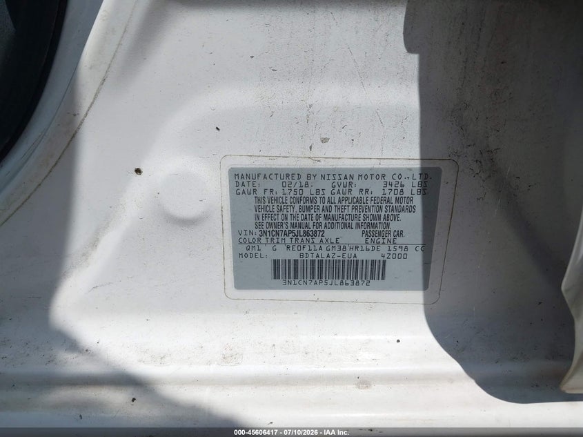 2018 Nissan Versa 1.6 S+ VIN: 3N1CN7AP5JL863872 Lot: 45606417